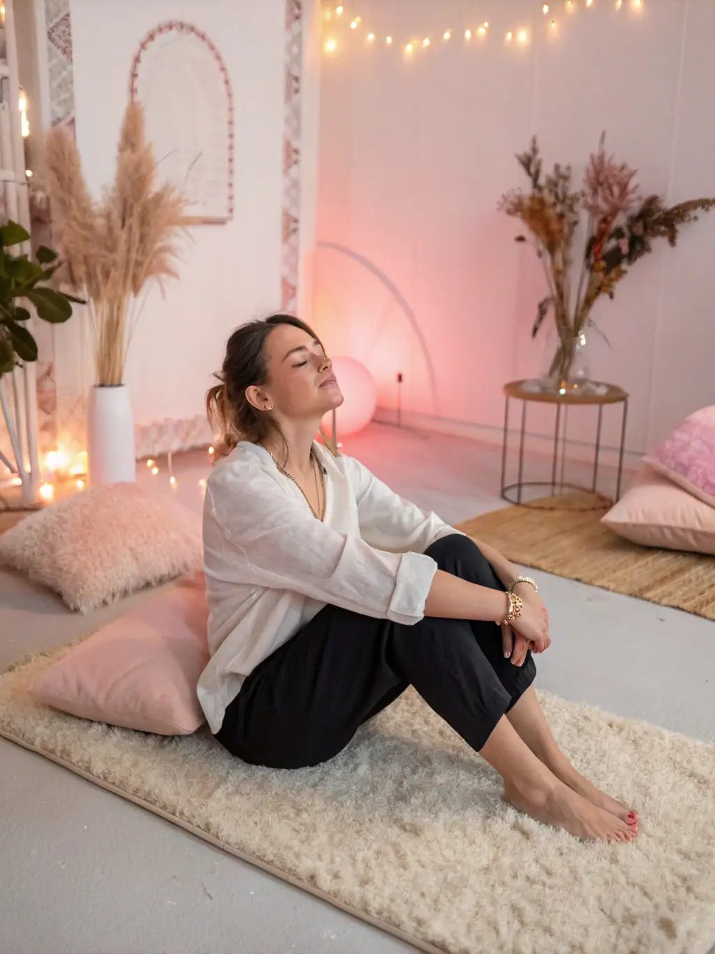 A client practicing meditation with a coach in a serene setting, promoting relaxation and mental clarity.