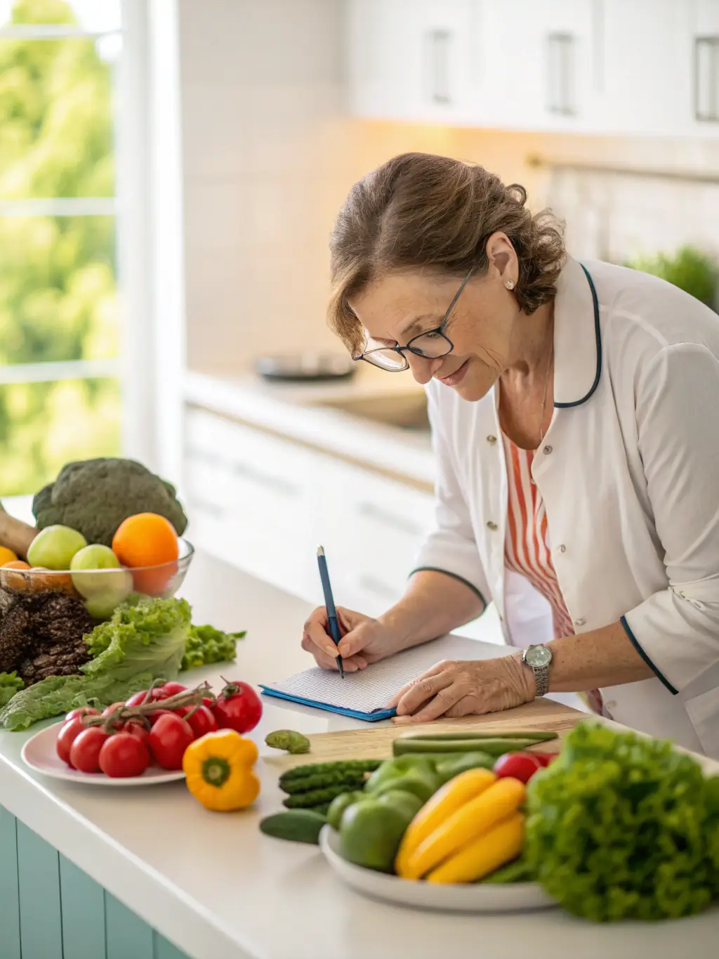 A nutritionist reviewing a meal plan with a client, with fresh fruits and vegetables on the table, in a bright and welcoming environment.