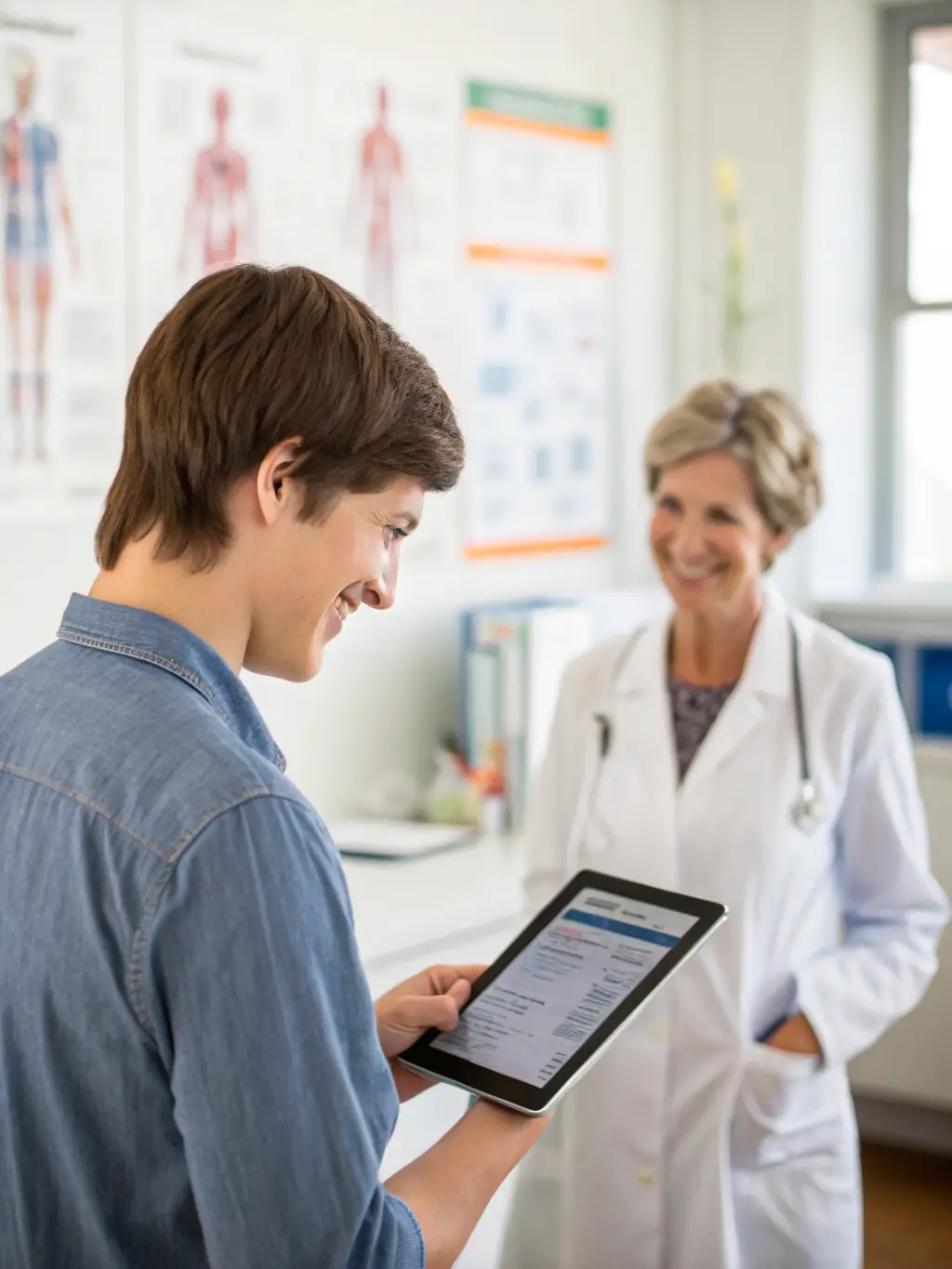 A health professional discussing a personalized wellness plan with a client, using a tablet to display progress charts and setting goals in a bright, modern office.