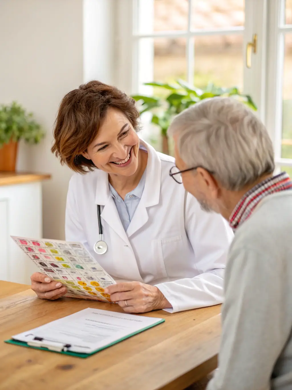 A health professional discussing a personalized wellness plan with a client, with charts and wellness tools visible, in a well-lit office.