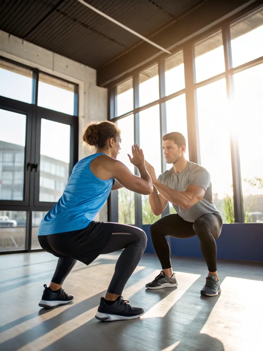 A trainer guiding a client through a workout session in a modern gym setting, demonstrating proper form and technique.