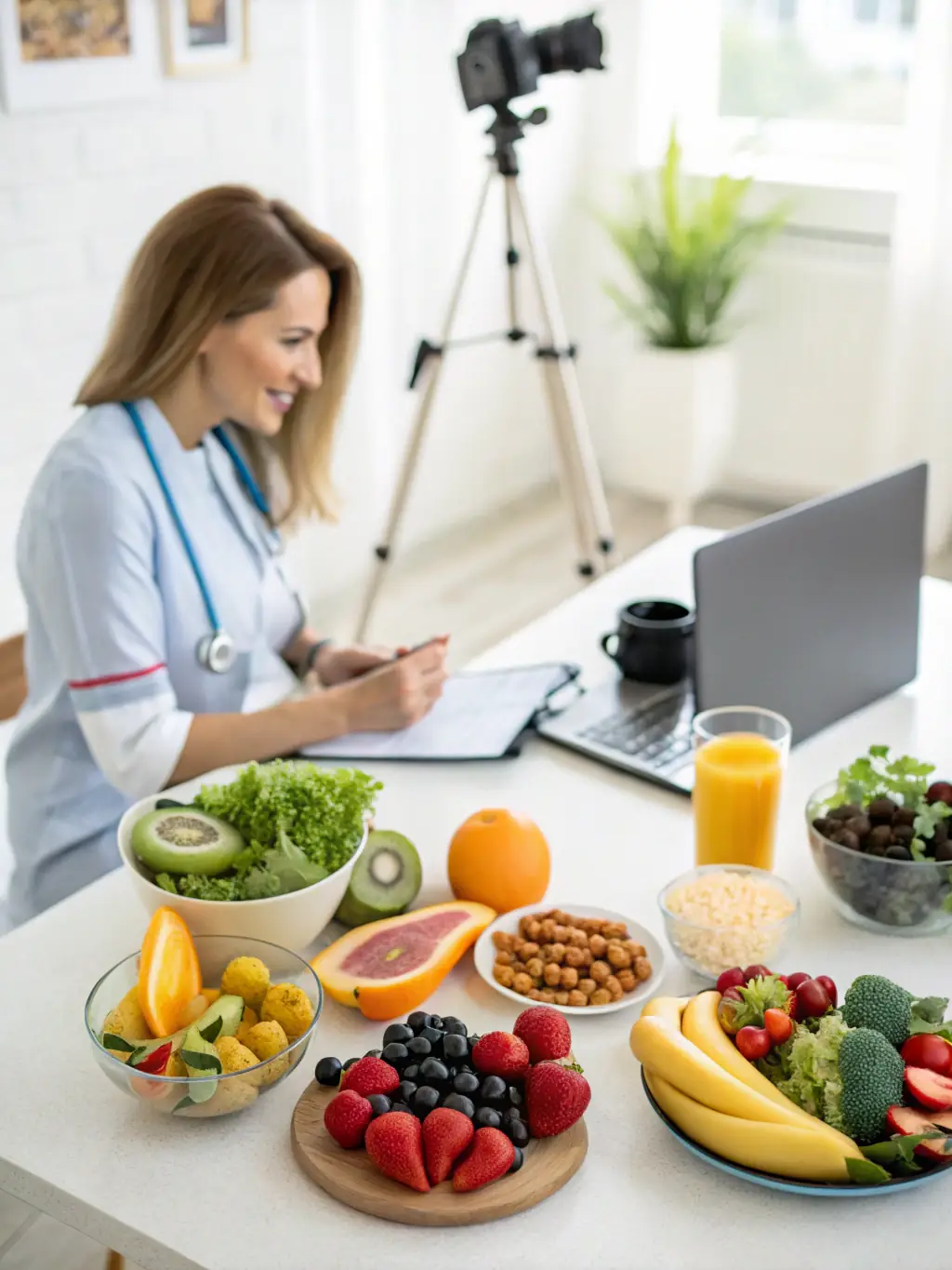 A nutritionist reviewing a personalized meal plan with a client, highlighting fresh, healthy ingredients and discussing dietary preferences.