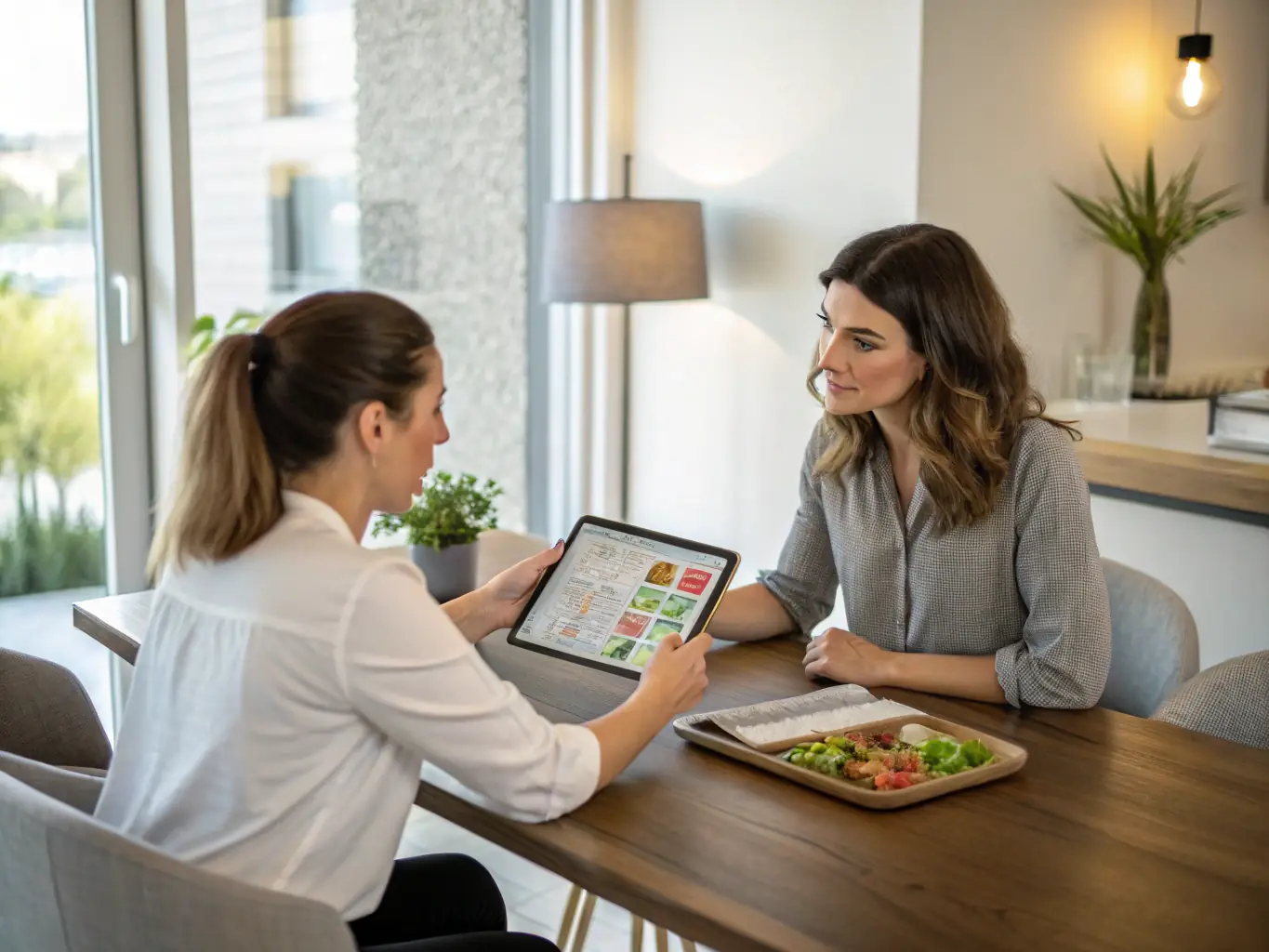 A nutritionist is consulting with a client, reviewing a personalized meal plan and discussing healthy eating habits. The setting is a bright and modern office.