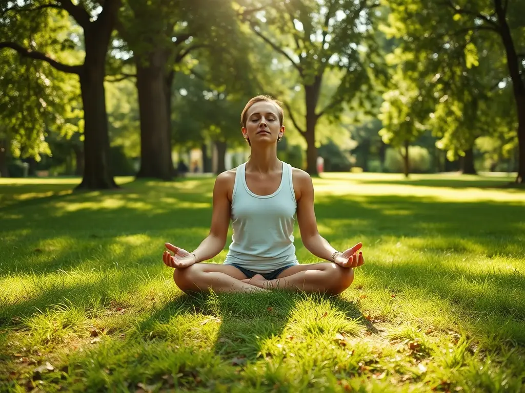 A person is meditating in a serene and peaceful environment, practicing mindfulness and stress reduction techniques. The setting is a calming and natural space.